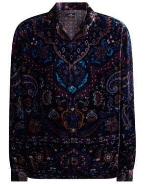 Etro Silk Velvet Shirt With Placed Floral Medallion Print - Blue