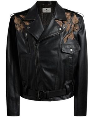 Etro Leather Biker Jacket With Placed Leopard Print - Black