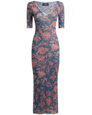 Etro Stretch Tulle Midi Dress With Floral Motif - Blue