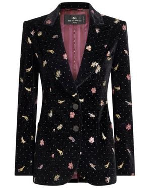 Etro Single-Breasted Cotton Velvet Jacket With Flower And Animal Motif - Black