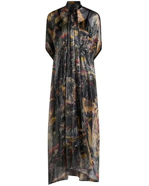 Etro Long Silk Dress With Cape Detail And Flower And Animal Motif - Black