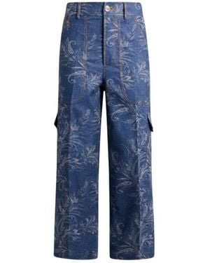 Etro Cropped Cotton And Linen Jacquard Denim Jeans With Leafy Paisley Motif - Blue