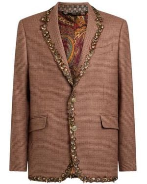 Etro Single-Breasted Wool And Cashmere Jacket With Feathers And Micro Houndstooth Motif - Brown