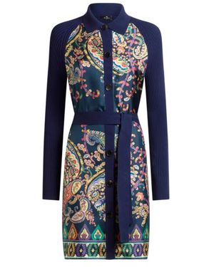Etro Long Knit Cotton Cardigan With Silk Insert - Blue