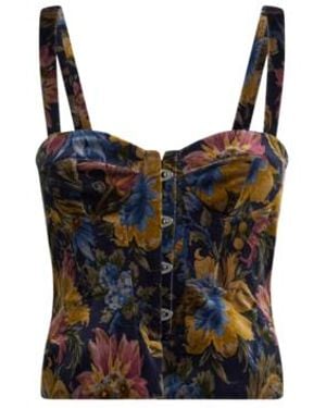 Etro Cotton Velvet Corset Top With Floral Overprint - Black