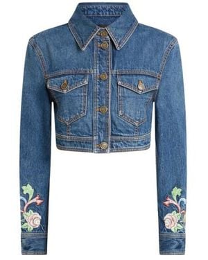 Etro Veste Cropped En Denim Avec Broderie Florale, Femme, Taille - Bleu