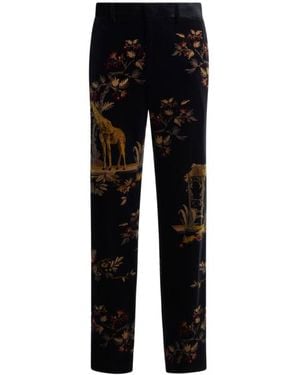 Etro Straight-Leg Cotton Velvet Pants With Placed Flower And Animal Print - Black