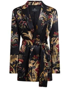 Etro Envers Satin Jacket With Belt And Flower And Animal Motif - Black