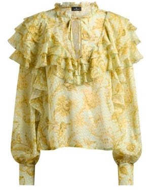 Etro Silk Dotted Swiss Blouse With Flounces And Floral Motif - Yellow