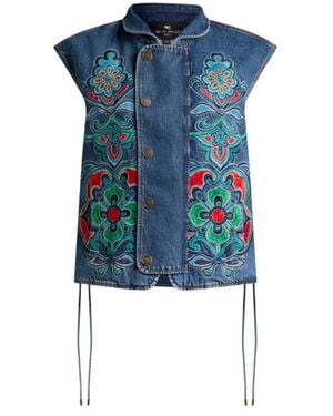Etro Denim Vest With Floral Motif - Blue