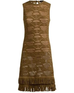 Etro Crochet-Effect Cotton Knee-Length Dress With Fringing - Natural