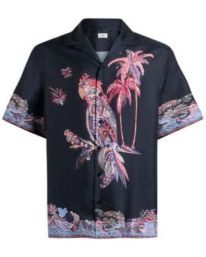 Etro Cotton Bowling Shirt With Placed Parrot Print - Blue