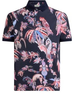 Etro Cotton Pique Polo Shirt With Parrot And Palm Tree Motif - Blue