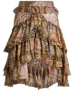 Etro Short Silk Skirt With Ruffles And Paisley And Animal Motif - White