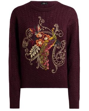 Etro Pull Cropped À Torsades En Cachemire Mélangé Avec Broderie Paon, Femme, Taille - Violet