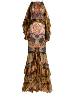 Etro Long Silk Dress With Ruffles And Placed Floral Print - Natural