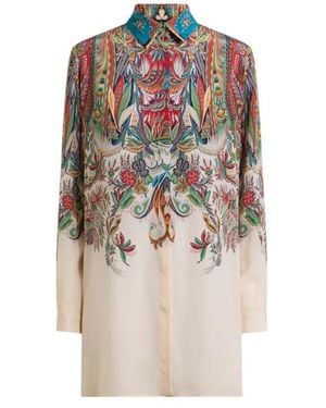 Etro Long Silk Shirt With Placed Paisley Foliage Print - White