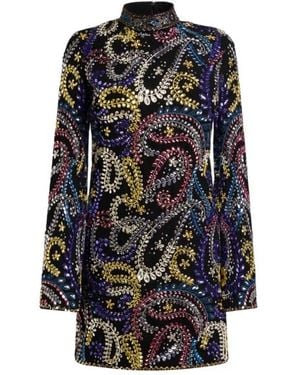 Etro Mini Dress With All-Over Paisley Foliage Embroidery - Blue