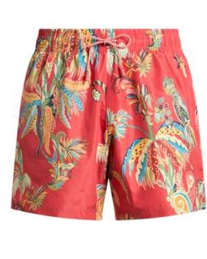 Etro Swim Shorts With Placed Parrot And Palm Tree Print - Red