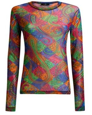 Etro Stretch Tulle Top With Geometric Paisley Motif - Red