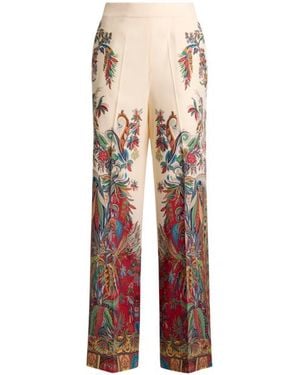 Etro Silk Trousers With Placed Paisley Foliage Print - White