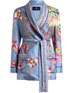 Etro Silk Jacket With Belt And Floral Paisley Motif - Blue