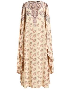 Etro Long Silk Dress With Cape And Placed Print - Natural