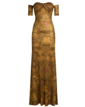 Etro Long Metallic Jersey Dress With Open Shoulders And Floral Motif