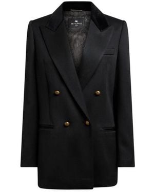 Etro Double-Breasted Wool Jacket With Velvet Insert - Black