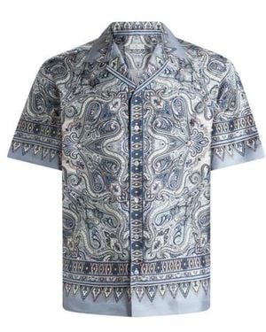 Etro Silk Bowling Shirt With Placed Pocket-Square Paisley Print - Blue