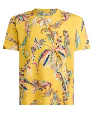 Etro Cotton Jersey T-Shirt With Parrot And Palm Tree Motif - Yellow