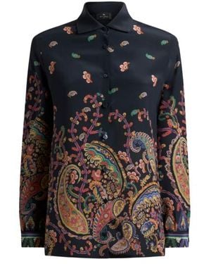 Etro Silk Shirt With Placed Floral Paisley Print - Blue