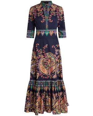 Etro Long Cotton Dress With Placed Floral Paisley Print - Blue
