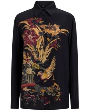 Etro Silk Shirt With Placed Front Print - Black