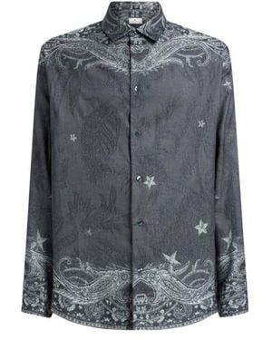 Etro Cotton And Silk Shirt With Placed Pegaso Motif - Blue