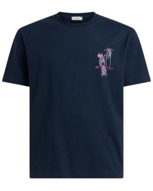 Etro Cotton Jersey T-Shirt With Parrot Embroidery - Blue