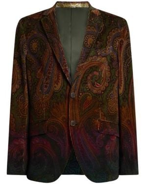 Etro Single-Breasted Cotton Corduroy Jacket With Placed Degradé Paisley Print - Brown