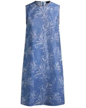 Etro Cotton And Linen Jacquard Denim Mini Dress With Leafy Paisley Motif - Blue