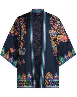 Etro Silk Twill Kesa With Placed Floral Paisley Print - Blue