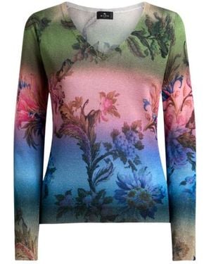 Etro Pull Col V À Motif Floral Dégradé, Femme, Taille - Bleu