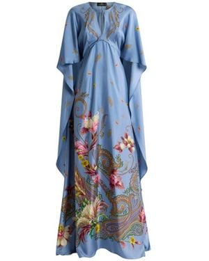 Etro Long Silk Dress With Cape And Placed Floral Paisley Print - Blue