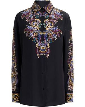 Etro Silk Shirt With Placed Paisley Foliage Print - Black