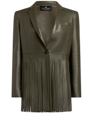 Etro Single-Breasted Leather Jacket With Fringing - Green