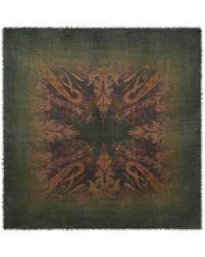 Etro Wool And Silk Scarf With Faded Floral Paisley Motif - Green