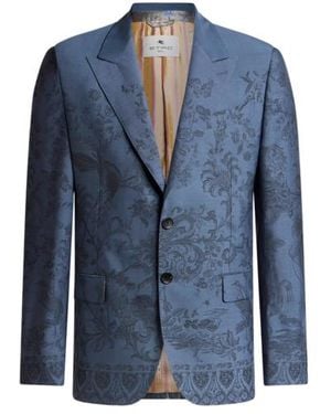 Etro Single-Breasted Wool Jacquard Jacket With Flora And Fauna Motif - Blue