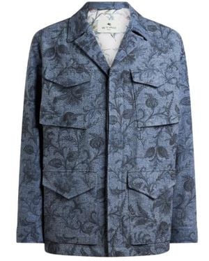 Etro Cotton-Blend Jacket With Floral Motif - Blue