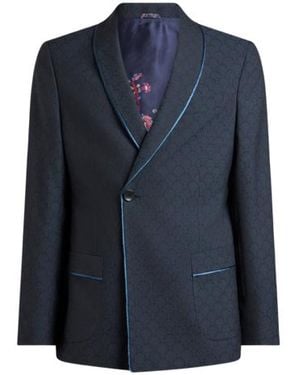 Etro Single-Breasted Wool Jacquard Jacket With Shawl Collar And Micro Palm Motif - Blue
