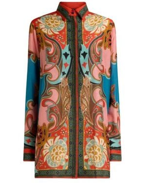Etro Long Cotton And Silk Shirt With Placed Print - Orange