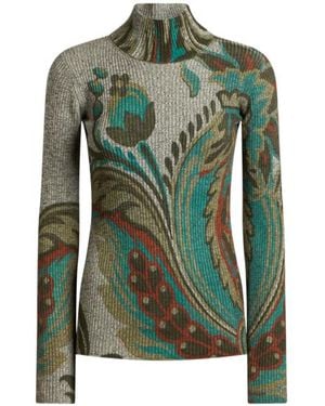 Etro Rollkragenpullover Aus Wolle Im Rippstrick Mit Narzissen-Print, Damen, Größe - Grün