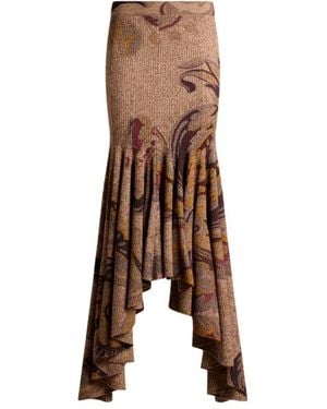 Etro Ribbed Wool Maxi Skirt With Floral Motif - Brown